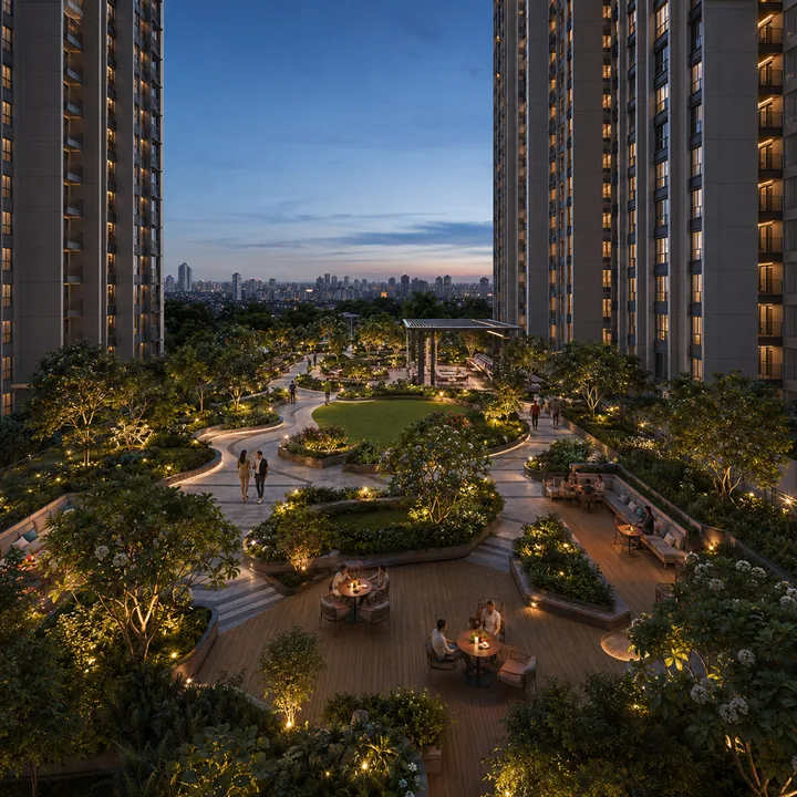 DNR Sarjapur Road landscaped podium deck running between the tower bases