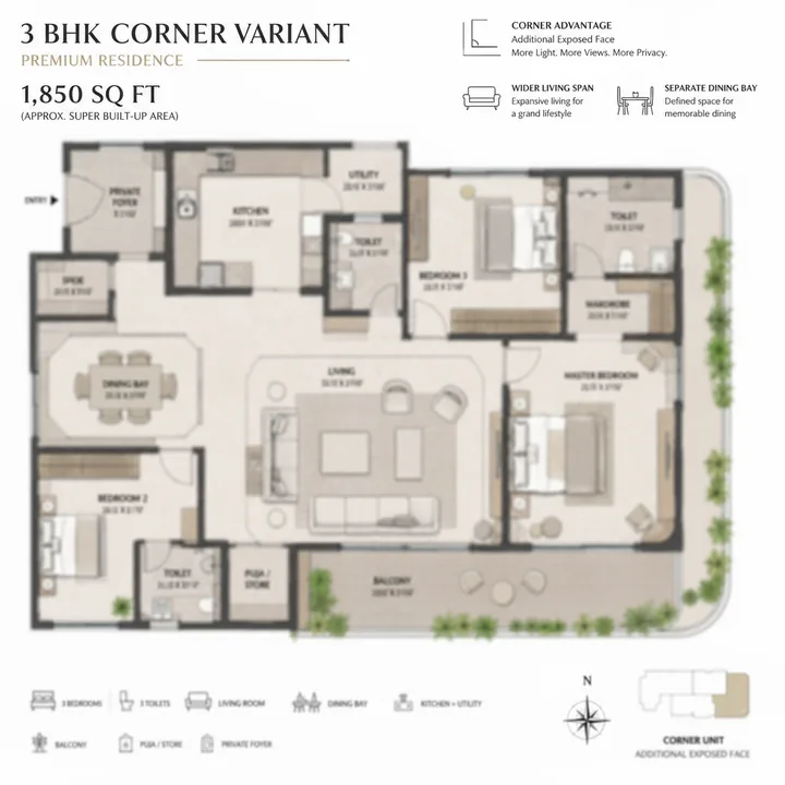 DNR Sarjapur Road 3 BHK corner variant 1,850 sq ft floor plan