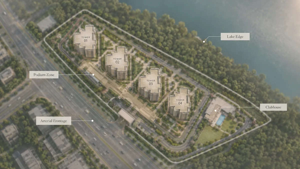 DNR Sarjapur Road master plan showing the tower footprints, the podium zone, the clubhouse and the Sarjapur Main Road frontage against the lake edge